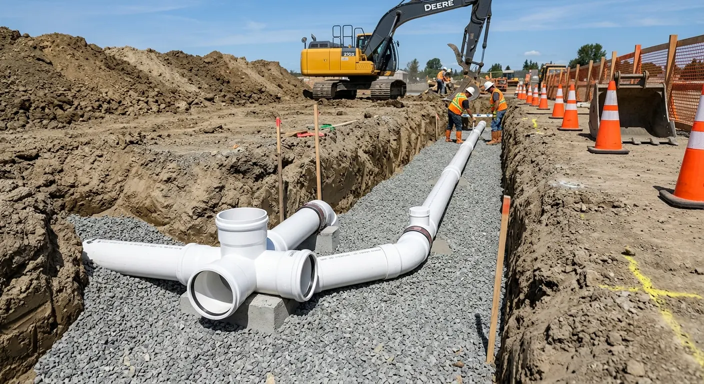 New PVC sewer pipe installation in open trench for Commercial Drain Cleaning in Maumee
