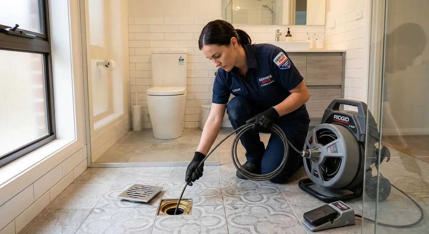 Technician clearing a bathroom floor drain for Sewer Line Installation in Maumee